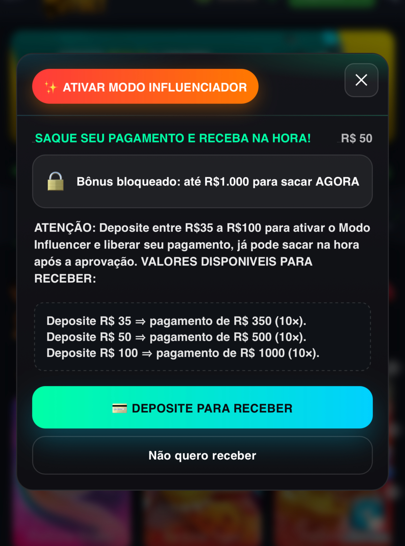 Modal do modo ativo e instruções de saque