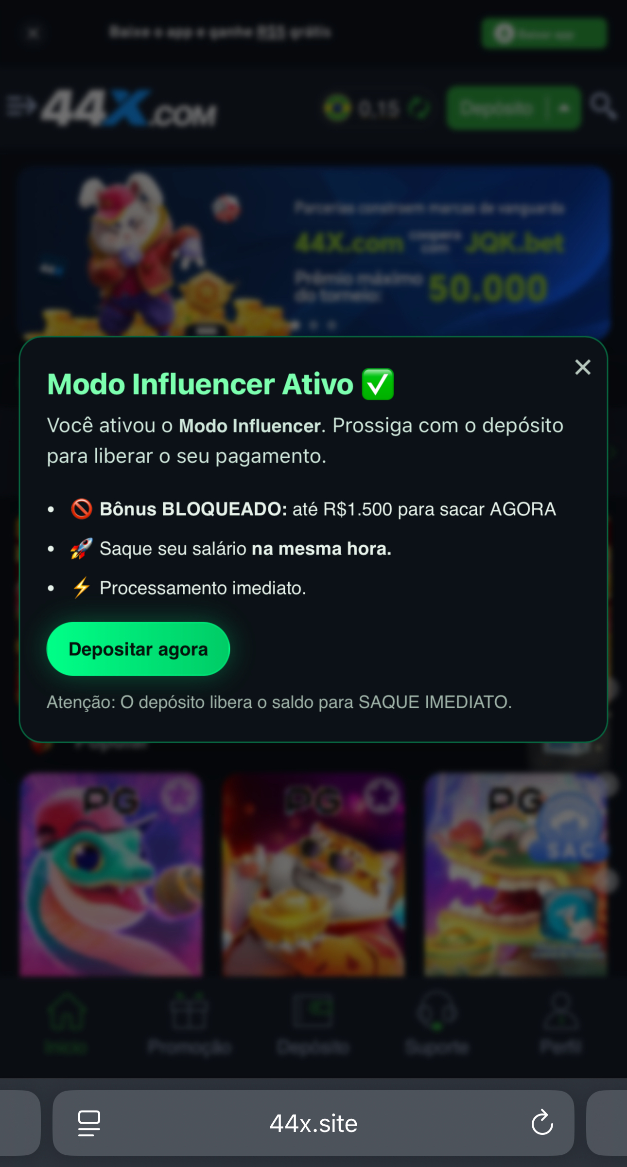 Modal do modo ativo e instruções de saque